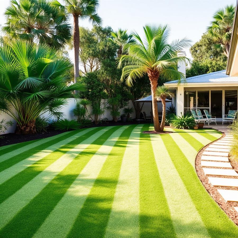 Freshly striped backyard lawn beside a coastal Northern Beaches home
