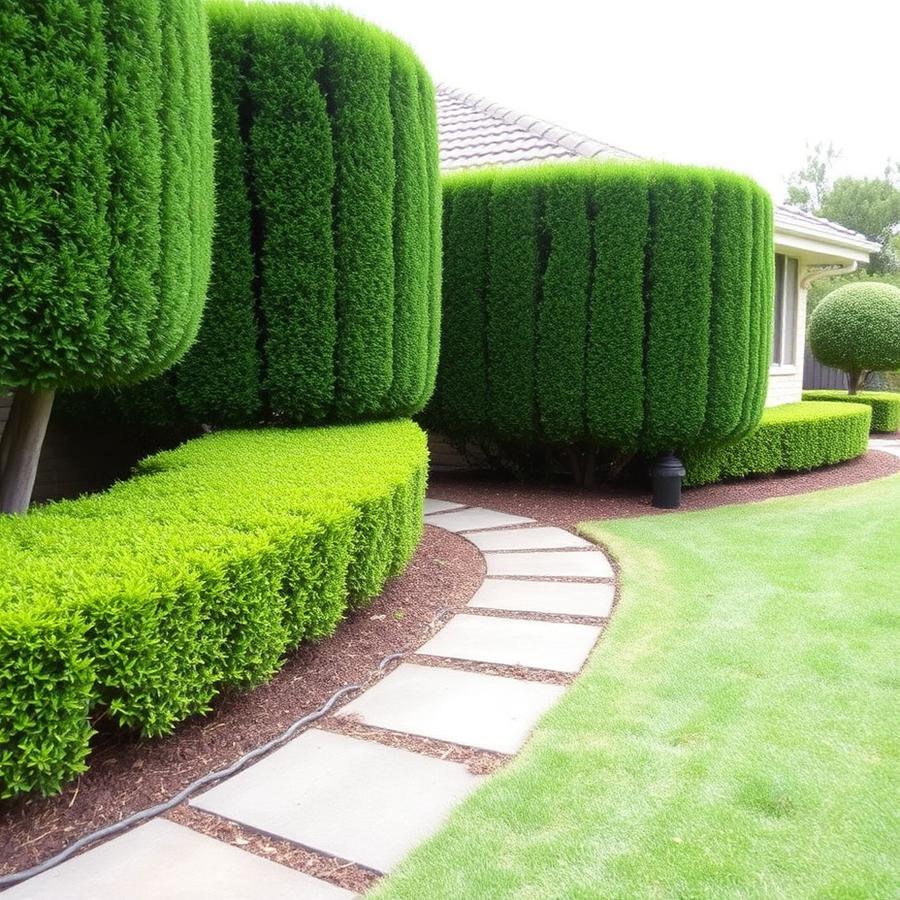 Neatly clipped hedges and mown front lawn on a suburban property
