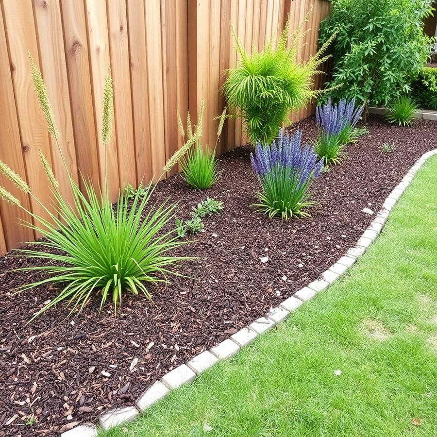 Freshly mulched garden bed with native plants along a fence line