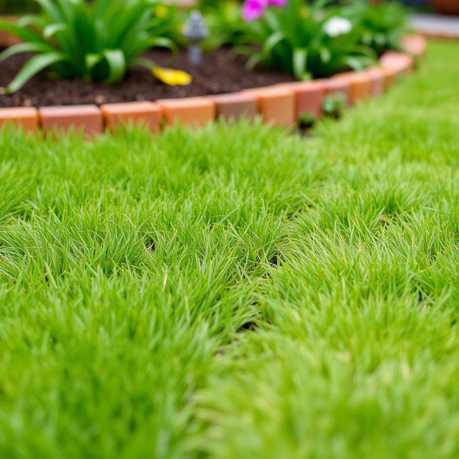 Crisp lawn edge running alongside a brick-bordered garden bed